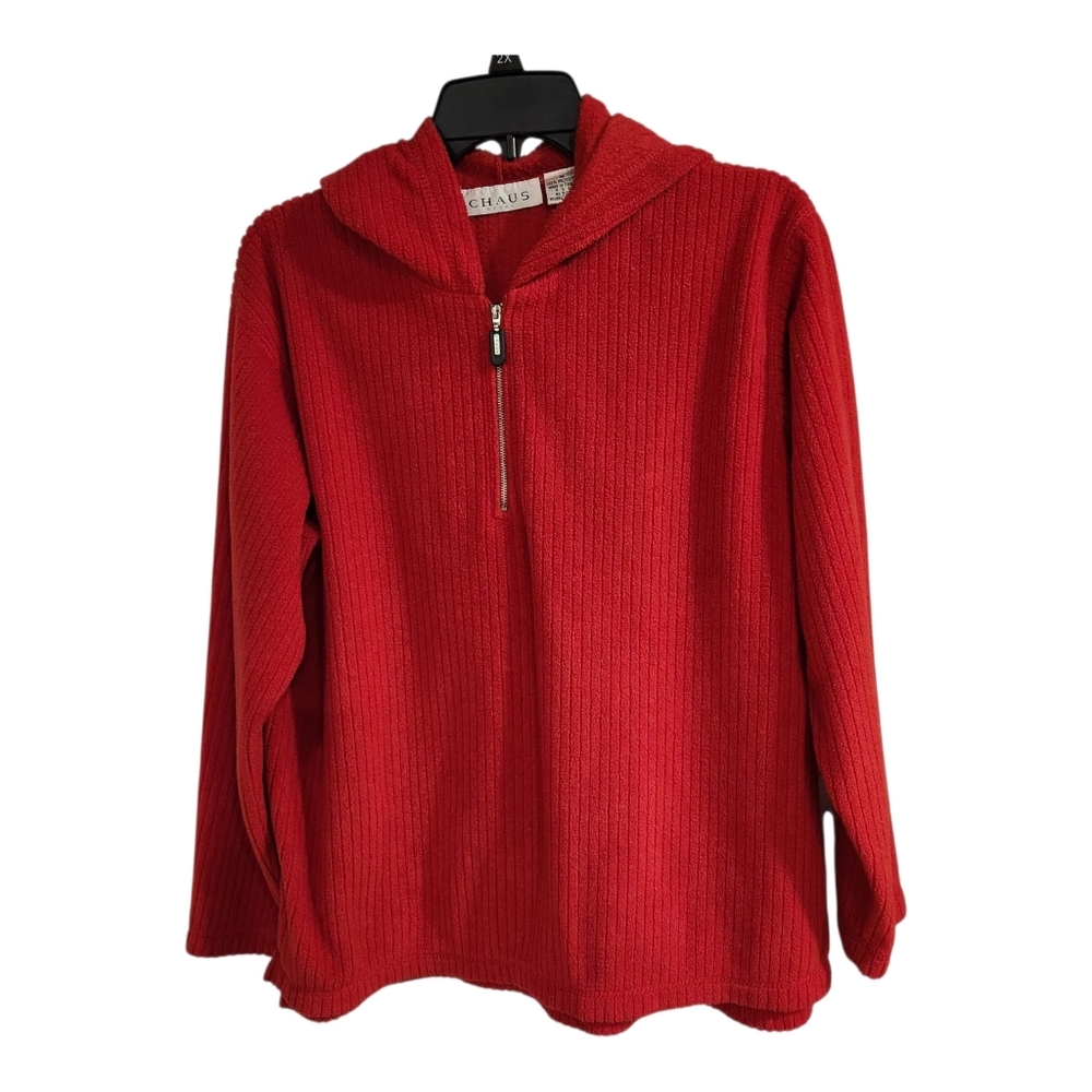 Chaus Sport Womens Sz Medium Hoodie Long Sleeve Fleece Red Quarter Zip Ribbed
